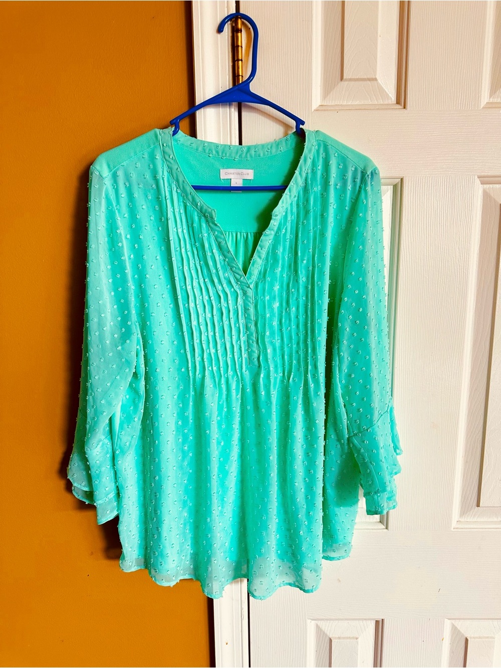 CHARTER CLUB  Light Teal Pintuck Swiss Dot Blouse - Women